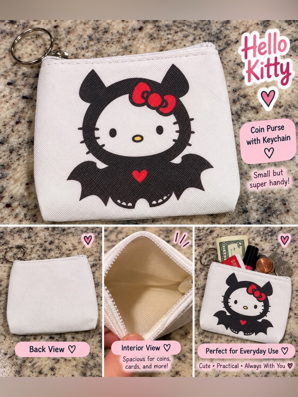 Hello Kitty Bat Coin Purse Keychain - White, Black & Red